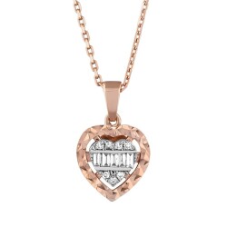 0,10 Karat Efektli Pırlanta Baget Kalp Kolye - 