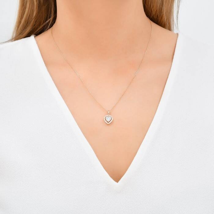 0,10 Karat Efektli Pırlanta Baget Kalp Kolye - 2