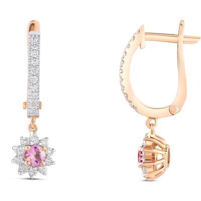 0,78 Karat Pırlantalı Pembe Safir Küpe - 1