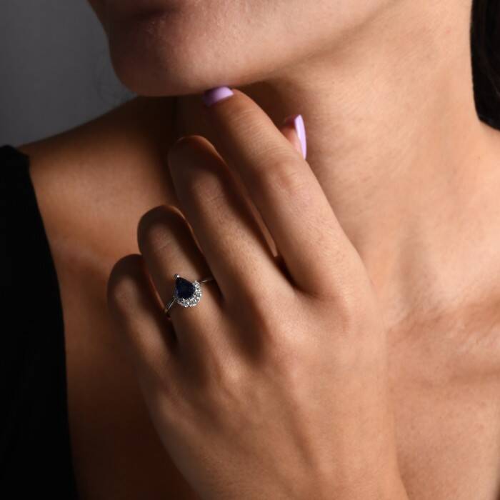 0,90 Karat Pırlanta Damla Safir Yüzük - 4