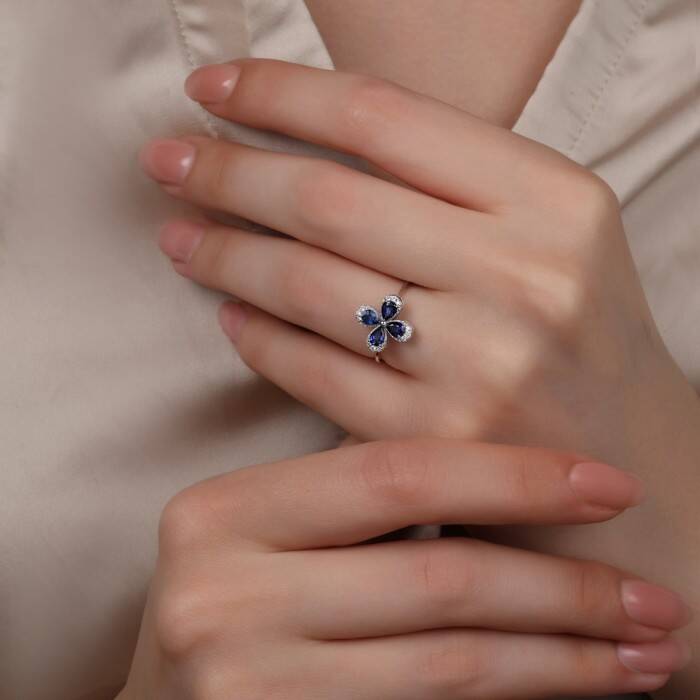 1,01 Karat Pırlanta Safir Çiçek Yüzük - 3