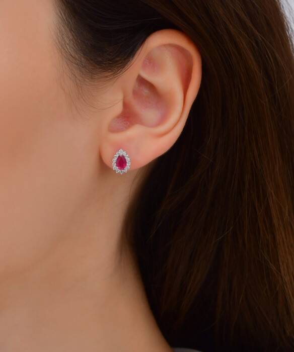 1,36 Karat Pırlanta Yakut Damla Küpe - 3