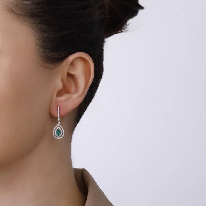 1,47 Karat Pırlanta Zümrüt Damla Küpe - 3