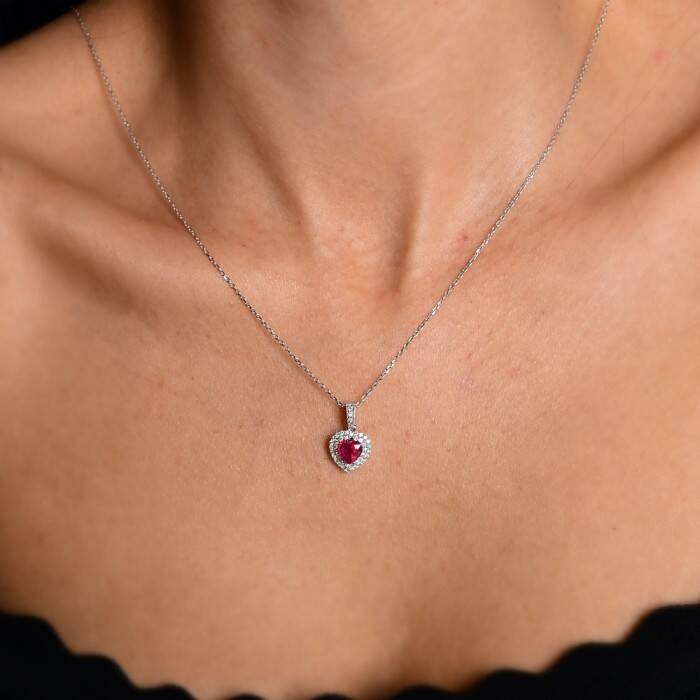 1,50 Karat Pırlanta Yakut Kalp Kolye - 3