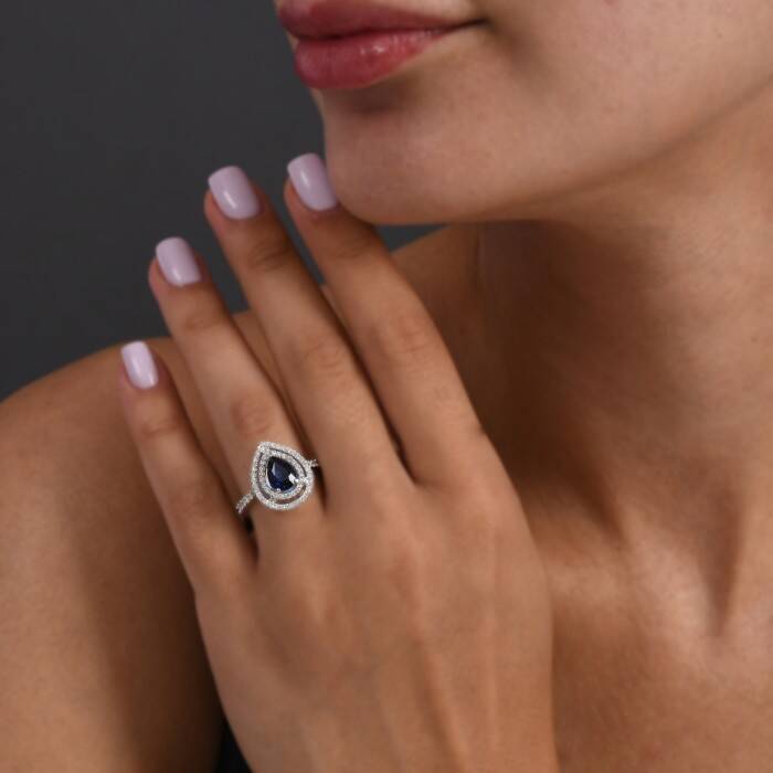 1,60 Karat Pırlanta Damla Safir Yüzük - 3