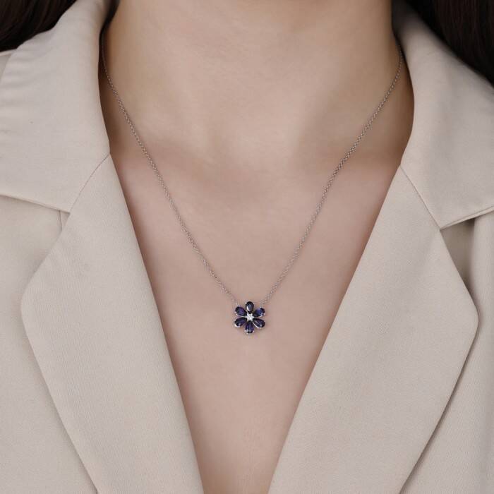 1,78 Karat Pırlanta Safir Çiçek Kolye - 2