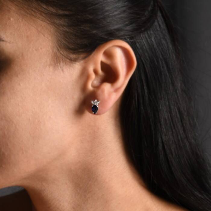 1,85 Karat Pırlanta Safir Damla Küpe - 3