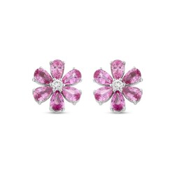 2,90 Karat Pırlanta Pembe Safir Papatya Küpe - 2