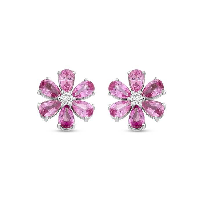 2,90 Karat Pırlanta Pembe Safir Papatya Küpe - 2