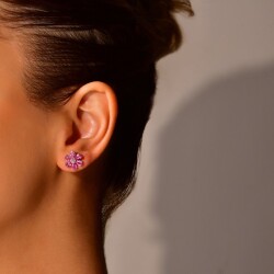 2,90 Karat Pırlanta Pembe Safir Papatya Küpe - 3